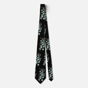 Watercolor Eucalyptus Greenery Pattern Black Neck Tie