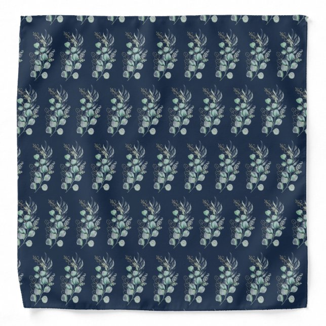 Watercolor Eucalyptus Greenery Pattern Navy Blue Bandana (Front)