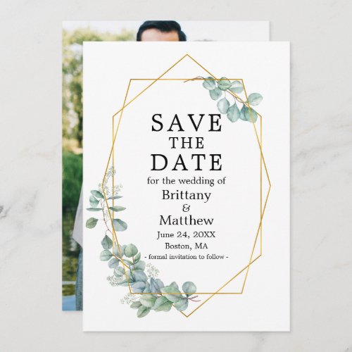 Watercolor Eucalyptus Greenery Photo Geo Frame Sav Save The Date