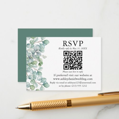Watercolor Eucalyptus Greenery QR RSVP Wedding Enclosure Card