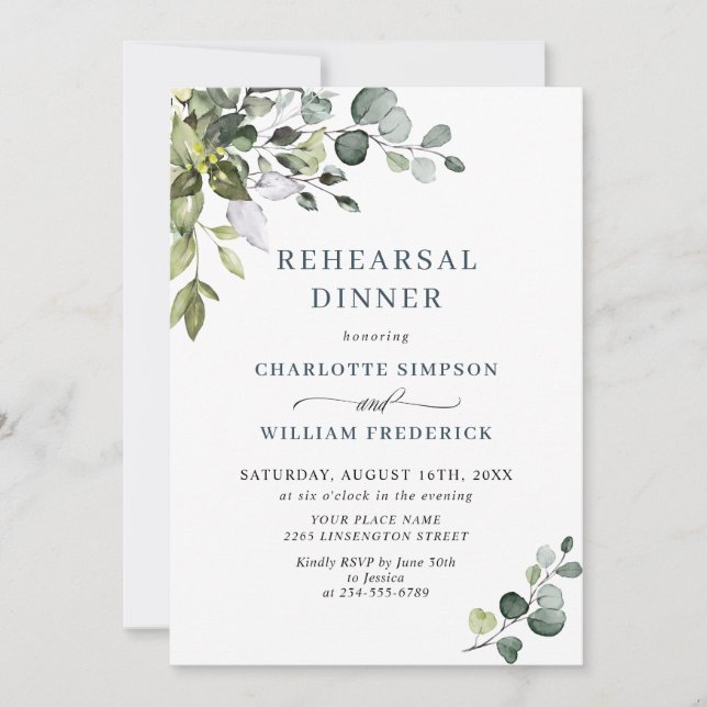 Watercolor Eucalyptus Greenery Rehearsal Dinner Invitation (Front)