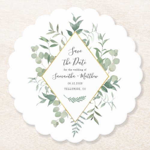 Watercolor Eucalyptus Greenery Save the Date Paper Coaster