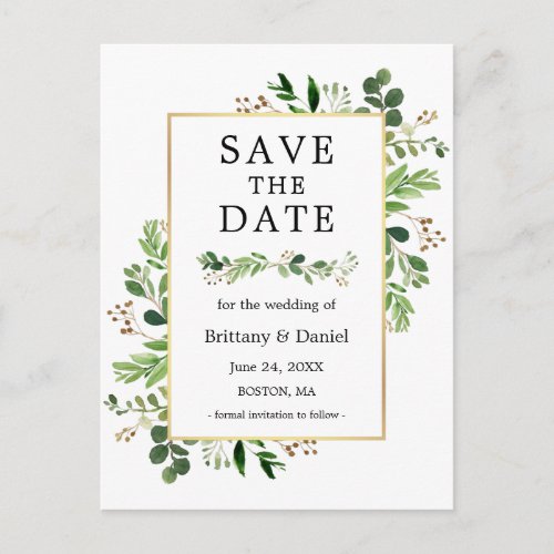 Watercolor Eucalyptus Greenery Save The Date Postcard