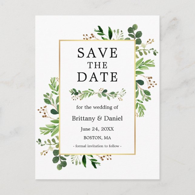 Watercolor Eucalyptus Greenery Save The Date Postcard (Front)