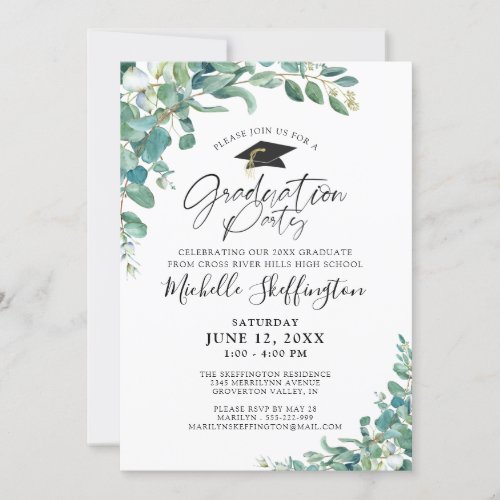 Watercolor Eucalyptus Greenery Script Graduation Invitation