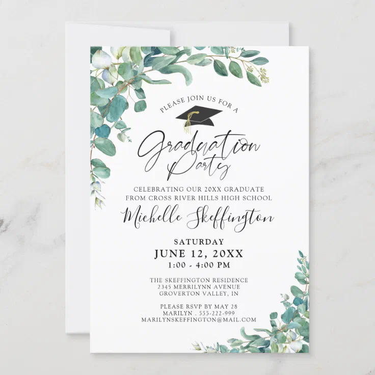 Watercolor Eucalyptus Greenery Script Graduation Invitation | Zazzle