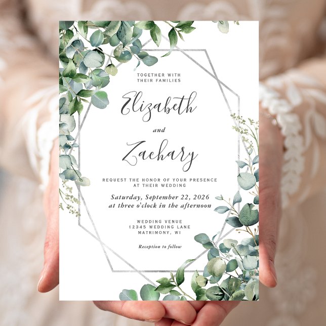 Watercolor Eucalyptus Greenery Silver Geo Wedding Invitation (Creator Uploaded)