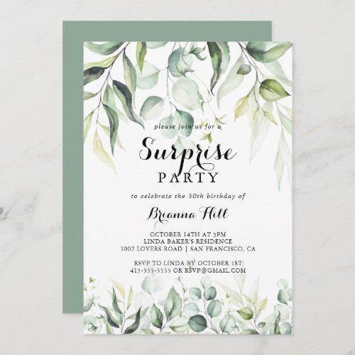 Watercolor Eucalyptus Greenery Surprise Party  Invitation