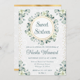 Watercolor Eucalyptus Greenery Sweet Sixteen Invitation