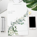 Watercolor Eucalyptus Greenery w/Jasmine  Envelope Mailers<br><div class="desc">This elegant minimalist style features a curving arrangement of watercolor style eucalyptus leaves,  white jasmine blossoms and line-drawn gray foliage. Includes a blank element for addressee and editable text on the front and top flap for your branding,  logo or website address.</div>