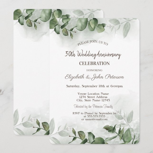 Watercolor Eucalyptus Greenery Wedding Anniversary Invitation (Front/Back)