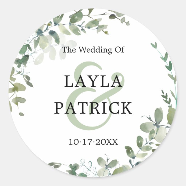 Watercolor Eucalyptus Greenery Wedding Classic Round Sticker (Front)