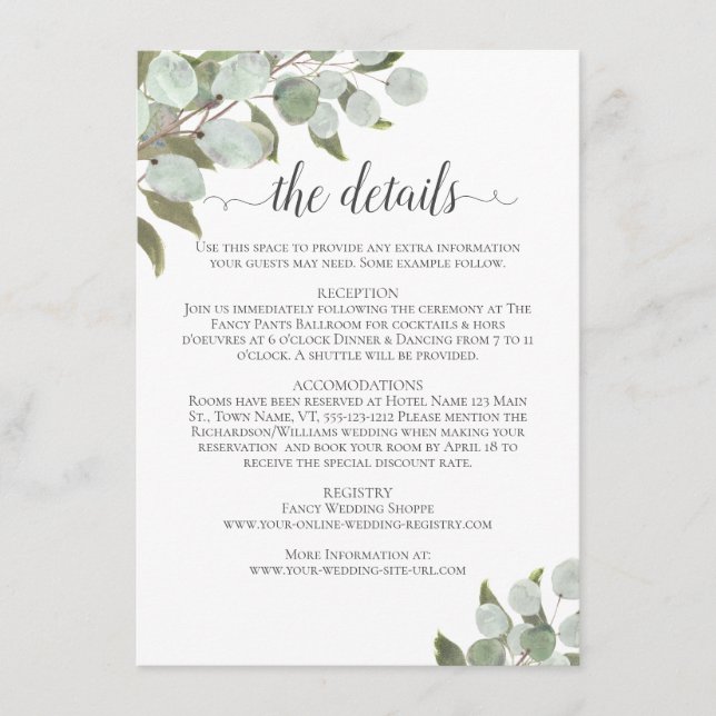Watercolor Eucalyptus & Greenery Wedding Details Enclosure Card (Front)
