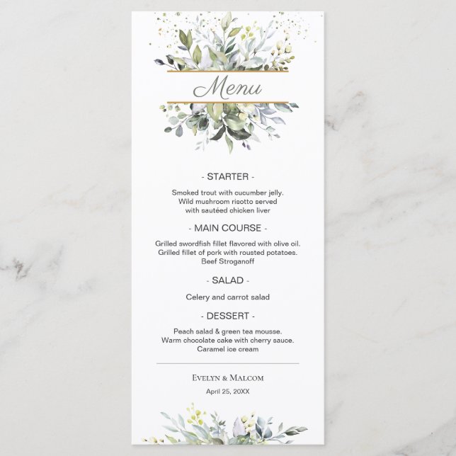 Watercolor Eucalyptus Greenery Wedding Dinner Menu (Front)
