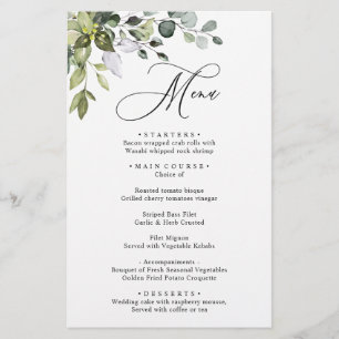 Watercolor Eucalyptus Greenery Wedding Dinner Menu