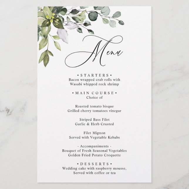 Watercolor Eucalyptus Greenery Wedding Dinner Menu (Front)