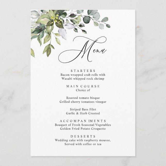 Watercolor Eucalyptus Greenery Wedding Dinner Menu (Front)