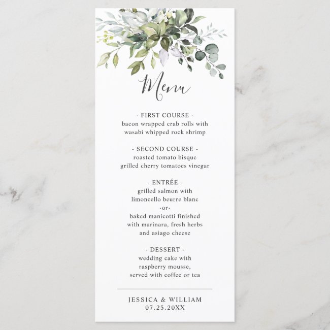 Watercolor Eucalyptus Greenery Wedding Dinner Menu