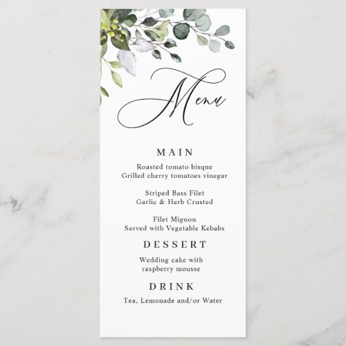 Watercolor Eucalyptus Greenery Wedding Dinner Menu