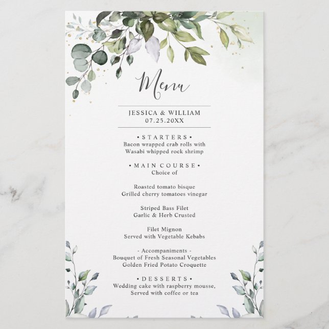 Watercolor Eucalyptus Greenery Wedding Dinner Menu (Front)