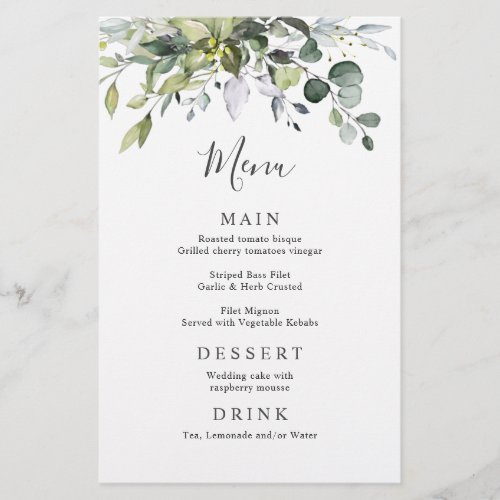 Watercolor Eucalyptus Greenery Wedding Dinner Menu