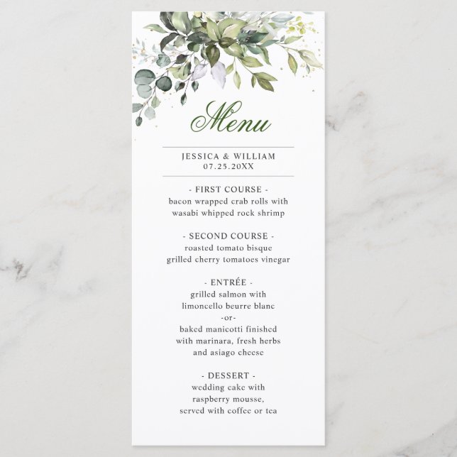 Watercolor Eucalyptus Greenery Wedding Dinner Menu (Front)