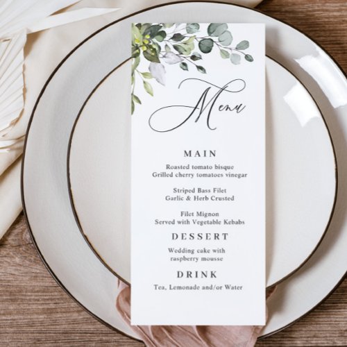 Watercolor Eucalyptus Greenery Wedding Dinner Menu