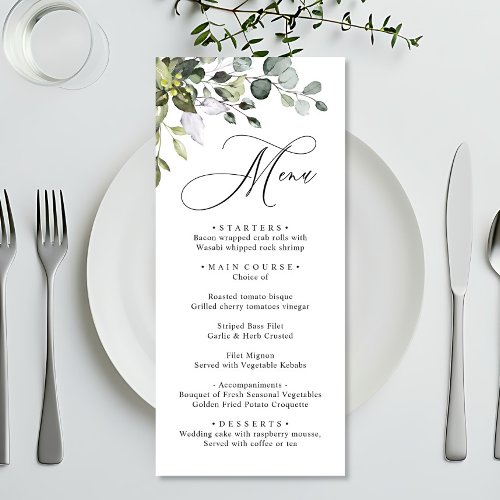 Watercolor Eucalyptus Greenery Wedding Dinner Menu