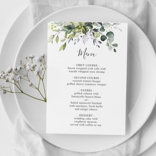 Watercolor Eucalyptus Greenery Wedding Dinner Menu