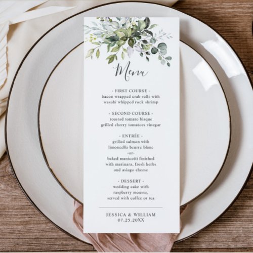 Watercolor Eucalyptus Greenery Wedding Dinner Menu