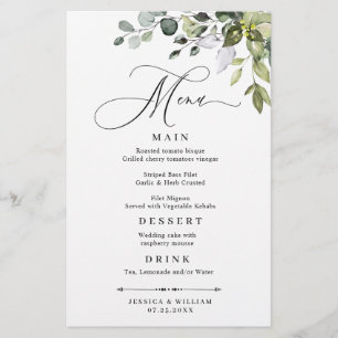 Watercolor Eucalyptus Greenery Wedding Dinner Menu