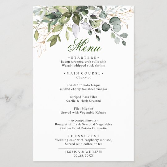 Watercolor Eucalyptus Greenery Wedding Dinner Menu | Zazzle.com