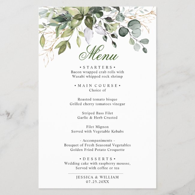 Watercolor Eucalyptus Greenery Wedding Dinner Menu