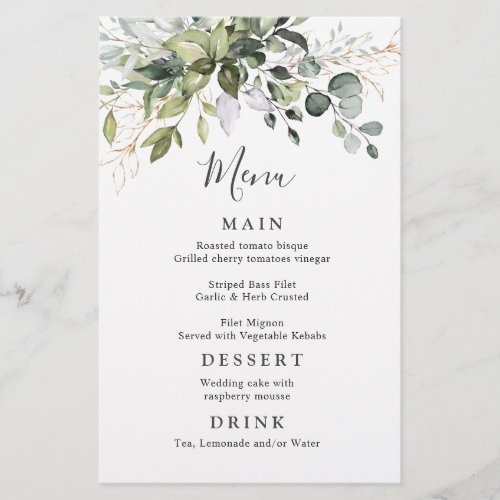 Watercolor Eucalyptus Greenery Wedding Dinner Menu