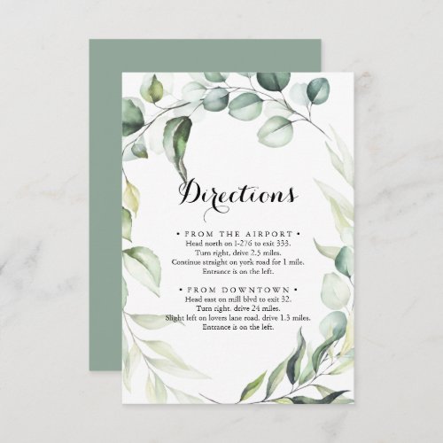 Watercolor Eucalyptus Greenery Wedding Directions  Enclosure Card