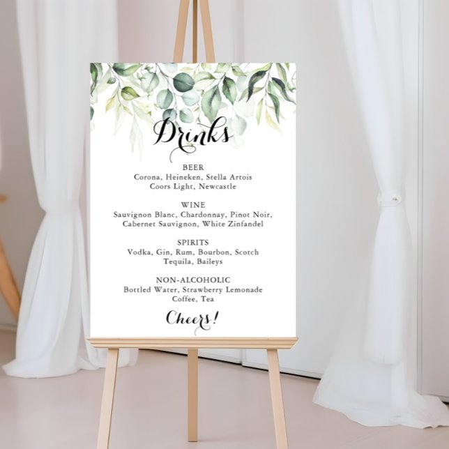 Watercolor Eucalyptus Greenery Wedding Drinks Menu Poster (Creator Uploaded)