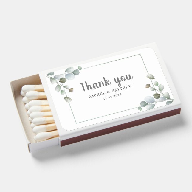 Watercolor Eucalyptus Greenery Wedding Favor Matchboxes (Front Open)
