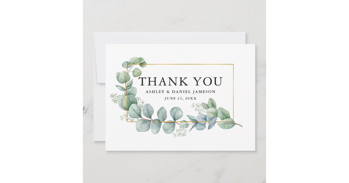 Watercolor Eucalyptus Greenery Wedding Gold Frame Thank You Card | Zazzle