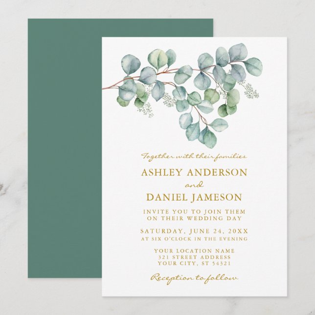 Watercolor Eucalyptus Greenery Wedding Gold Invitation (Front/Back)