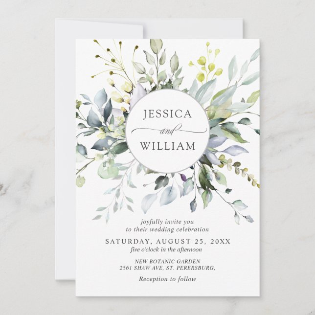 Watercolor Eucalyptus Greenery Wedding Invitation (Front)