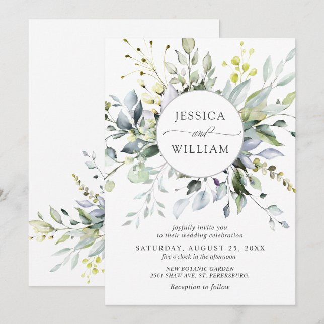 Watercolor Eucalyptus Greenery Wedding Invitation (Front/Back)