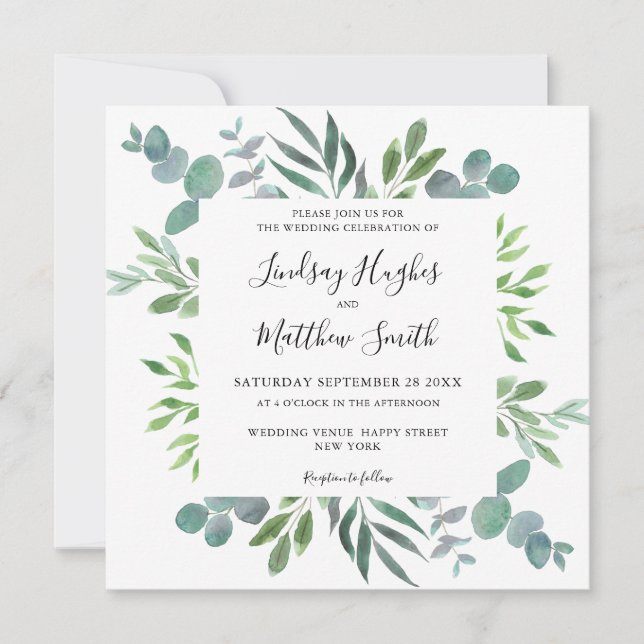 Watercolor Eucalyptus Greenery Wedding Invitation (Front)
