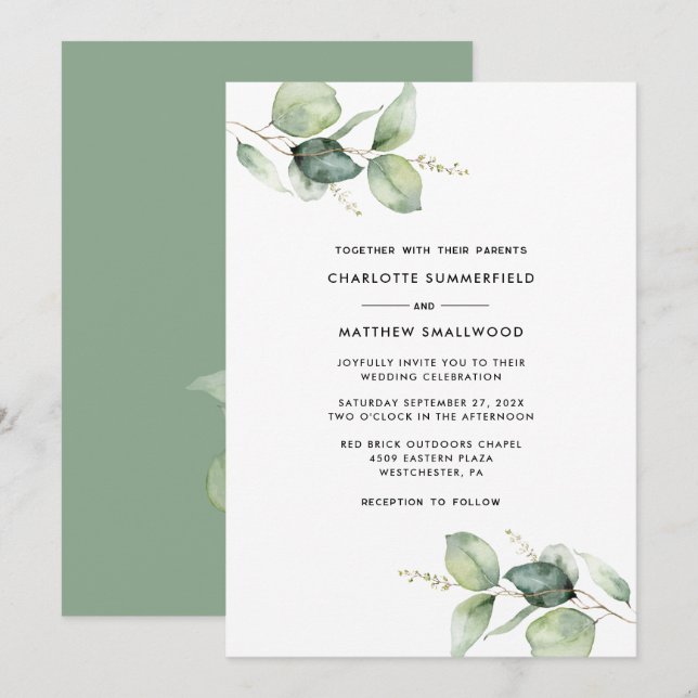 Watercolor Eucalyptus Greenery Wedding Invitation (Front/Back)