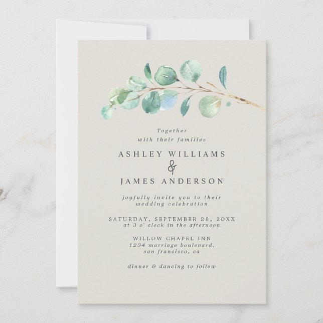 Watercolor Eucalyptus Greenery Wedding Invitation (Front)