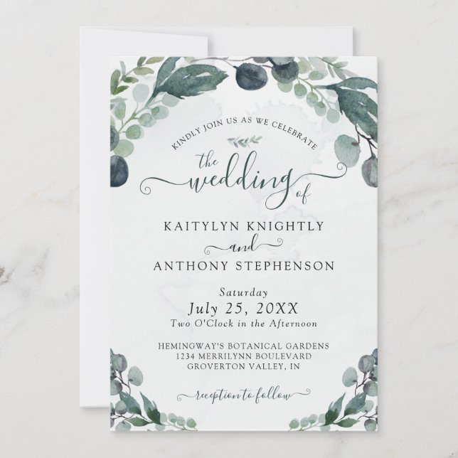 Watercolor Eucalyptus Greenery Wedding Invitation (Front)