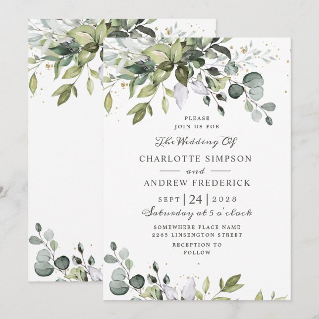 Watercolor Eucalyptus Greenery Wedding Invitation (Front/Back)