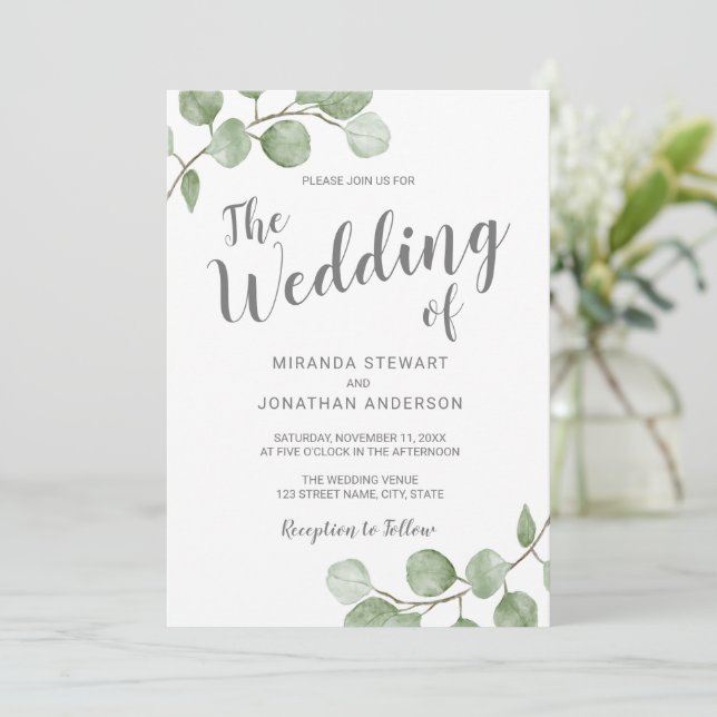 Watercolor Eucalyptus Greenery Wedding Invitation (Standing Front)