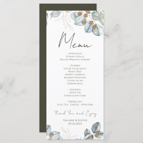 Watercolor Eucalyptus Greenery Wedding  Menu