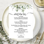 Watercolor Eucalyptus Greenery Wedding Menu Card<br><div class="desc">A simple chic greenery watercolor wedding menu card for the plate. Easy to personalize with your details. CUSTOMIZATION: If you need design customization,  please contact me through chat; if you need information about your order,  shipping options,  etc.,  please contact directly Zazzle support https://help.zazzle.com/hc/en-us/articles/221463567-How-Do-I-Contact-Zazzle-Customer-Support-</div>