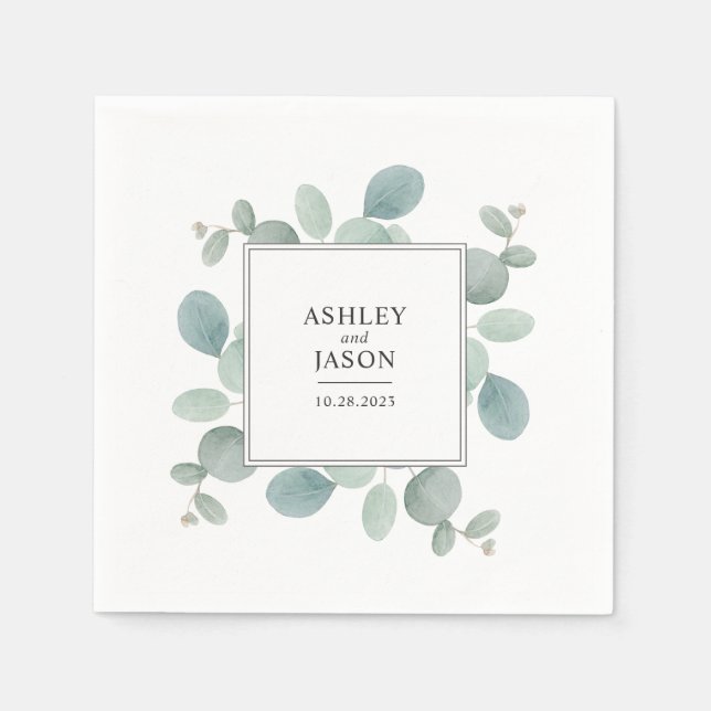 Watercolor Eucalyptus Greenery Wedding Napkins (Front)